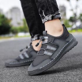 Spring Summer Leather Mesh Casual Shoes Men Slip on Elastic Band Low Top Sneaker Fashion Round Toe Solid High Quality Breathable (Color: Gray, size: 46)