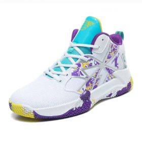 Basketball shoes men's mesh breathable sports shoes non-slip wear-resistant men's shoes student youth running shoes (Color: White purple, size: 40)