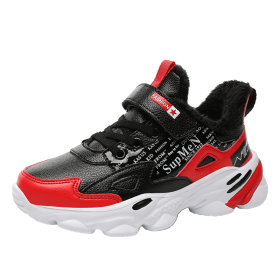 Fashion Kids Sport Shoes Boys Chunky Sneakers Lightweight Children Casual Running Shoes Plus Velvet Tenis Sneakers for Girls (Color: velvet black red, size: 31)