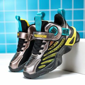 Vinsinw Kids Sneakers for Boys Leather Tennis Shoes Breathable Sports Running Shoes Lightweight Children Casual Walking Shoes (Color: Black Gold, size: 29)