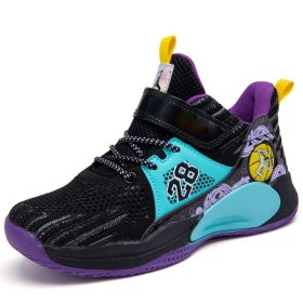 Retro Sport Kids Sneakers Boys Basketball Shoes for Children Sneakers Girls Shoes Basket Footwear Leather Non-slip Trainers 2022 (Color: Black purple, size: 39)