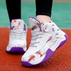 Brand Leather Boys Kids Sneakers Basketball Shoes Non-slip Thick Sole Girls Children Sport Shoes Child Boy Girl Basket Trainer (Color: White purple, size: 34)