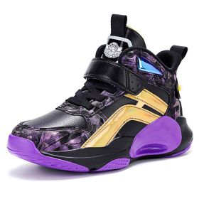 Boys Men Basketball Shoes 2022 New Spring Kids Sneaker Outdoor Big Kids Non-slip Sports Shoes Footwear Shoes Basket Sport (Color: Black purple, size: 32)