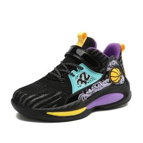 Fashion Kids High Top Sneakers Retro Basketball Shoes for Boys Sports Shoes Soft Children Casual Shoes Outdoor Kids Sneakers (Color: Black purple, size: 30)