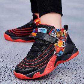 Breathable High Quality Boys Basketball Shoes Thick Sole Non-Slip Top Kids Sneakers Children Sport Shoe Boy Trainer Boots Basket (Color: Black red, size: 32)