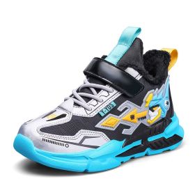 Fashion Kids Sneakers Outdoor Children Sport Shoes Winter Plush Warm Boys Tennis Sneakers Leather Non-slip Girls Snow Shoes 2022 (Color: Lake Blue, size: 32)
