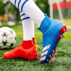 New high top football shoes men's and women's TF broken nails middle school students AG long nails sports training game football shoes (Color: Red + Blue (spike), size: 38)
