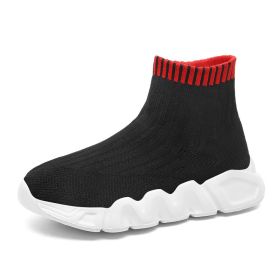 Spring and autumn new children's thick soled knitted vamp flying woven high top socks shoes breathable comfortable light outdoor leisure sports shoes (Color: Black  red, size: 36)
