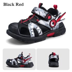 Kids Sandals for Boys 2022 Summer Children Fashion Hollow Shoes Camouflage Pattern Toddler Boys Sports Sandals Non-Slip Slippers (Color: Black red, size: 34)