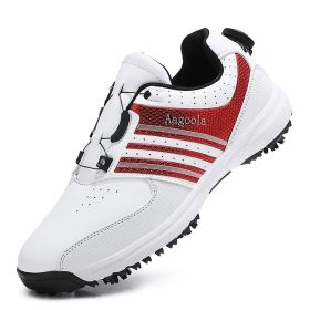 New Men's Spiked Golf Shoes Rotating Buttons Men's Professional Golf Shoes Outdoor Sports Training Shoes (Color: White red, size: EUR44)