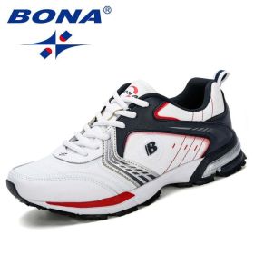 BONA Running Shoes Men Fashion Outdoor Light Breathable Sneakers Man Lace-Up Sports Walking Jogging Shoes Man Comfortable (Color: White deep blue red, Shoe Size: 10)