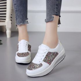 Women Casual Glitter Shoes Mesh Flat Shoes Ladies Sequin Vulcanized Shoes Lace Up Sneakers Outdoor Sport Running Shoes 2022 (Color: White, Shoe Size: 38)