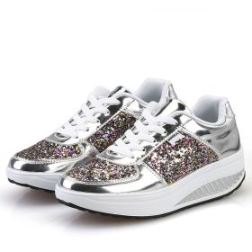 Women Casual Glitter Shoes Mesh Flat Shoes Ladies Sequin Vulcanized Shoes Lace Up Sneakers Outdoor Sport Running Shoes 2022 (Color: Silver, Shoe Size: 35)