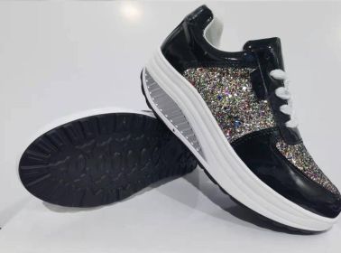 Women Casual Glitter Shoes Mesh Flat Shoes Ladies Sequin Vulcanized Shoes Lace Up Sneakers Outdoor Sport Running Shoes 2022 (Color: Black, Shoe Size: 42)